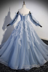 Sweet And Elegant Sky Blue Beaded Sequins Off The Shoulder Long Sleeved Ball Dress Sky Blue A-Line/Princess Strapless Backless Strap And Ground Length Semi Formal Prom Dress